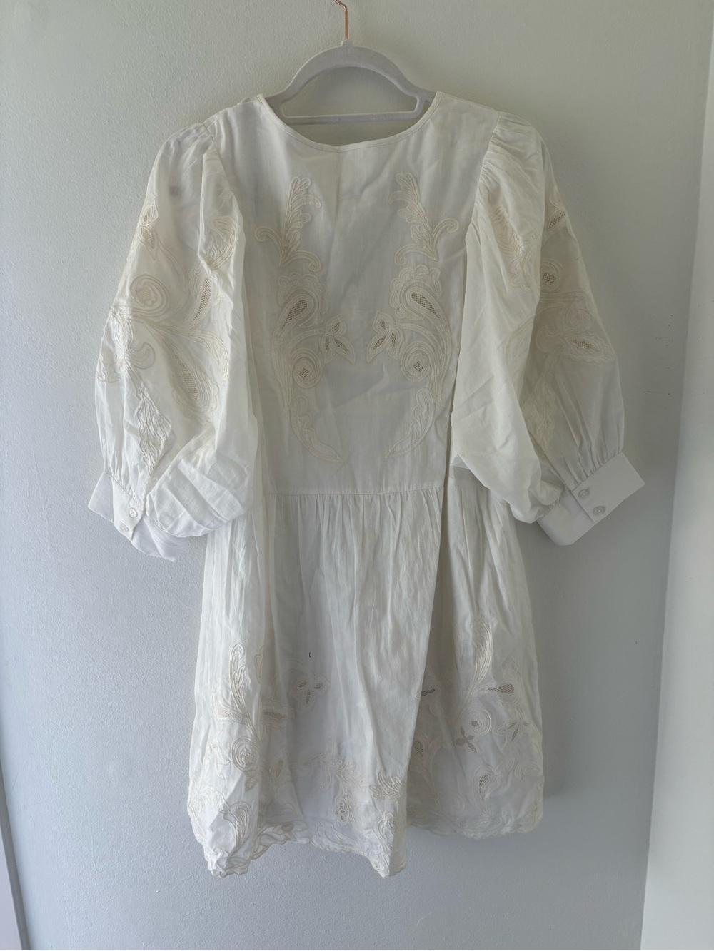 ba&sh White Embroidered V-Neck Mini Dress with Puff Sleeves - Picture 2 of 5